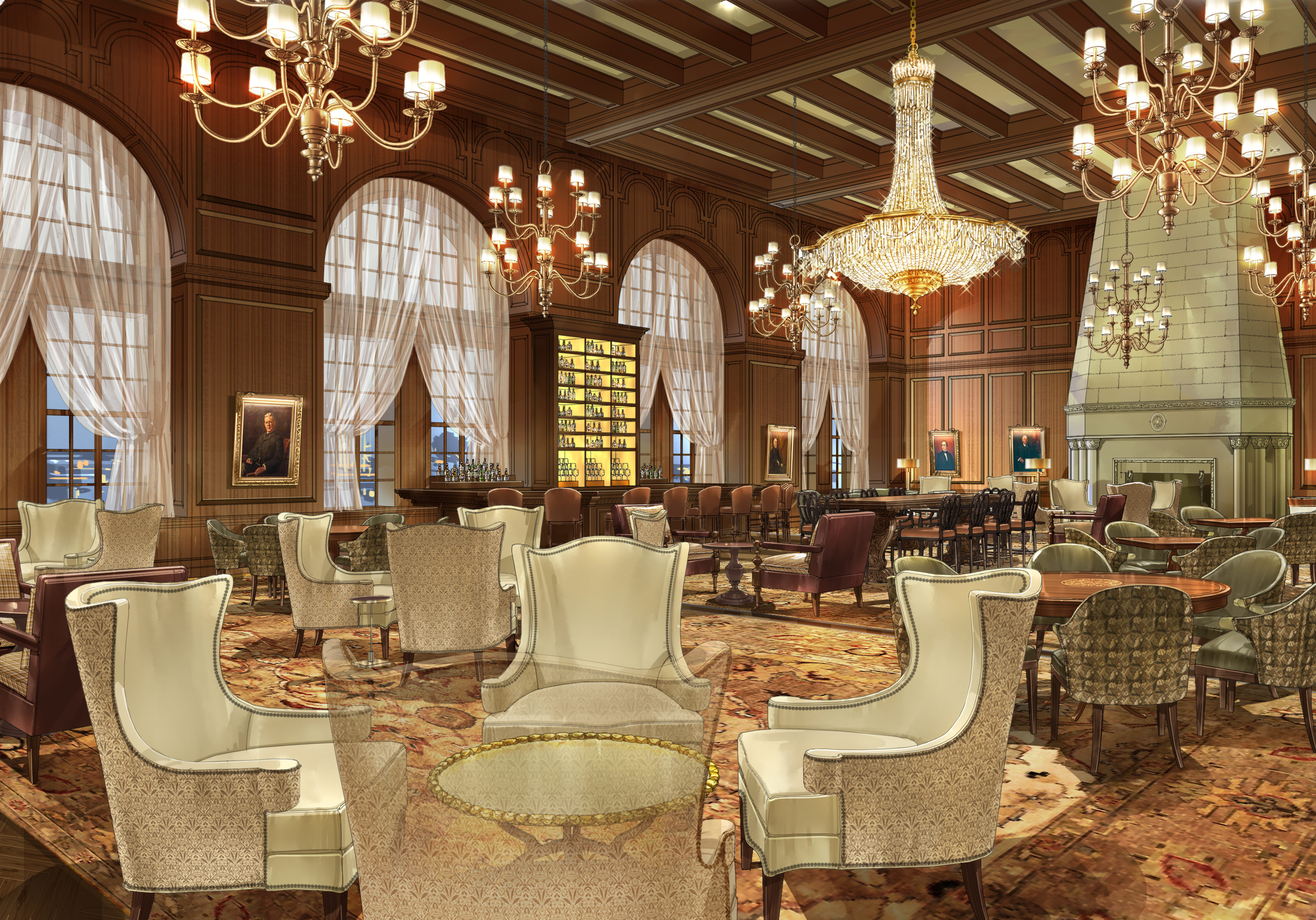 A grand dining room with sophisticated furnishings, large windows, elegant chandeliers, and a fireplace.
